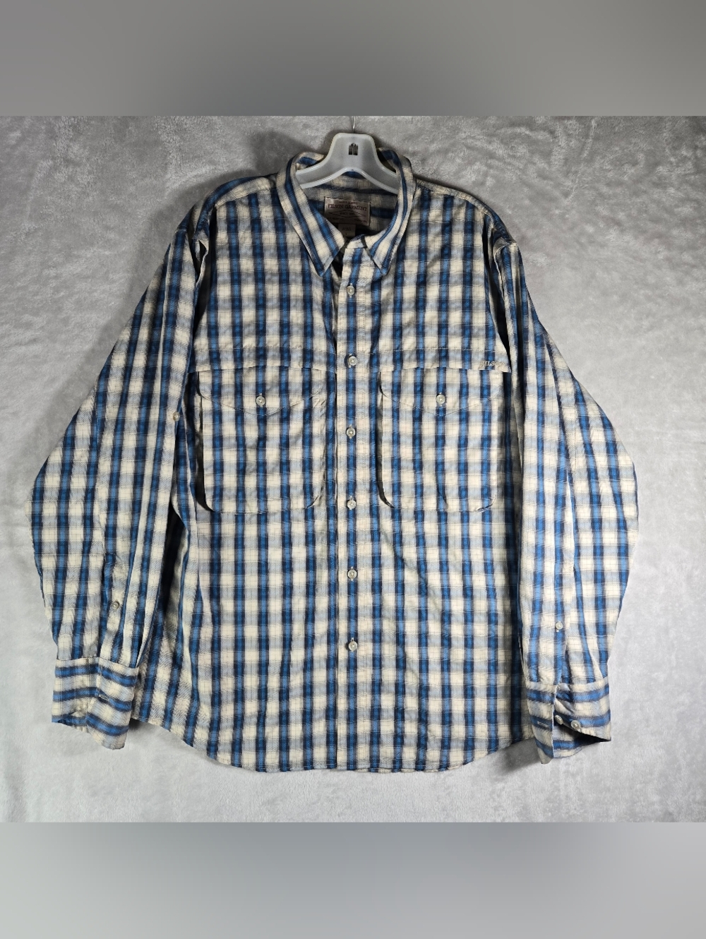 CC Filson Vented Long Sleeve Button Down Shirt Men Sz L Large Blue Plaid Pockets